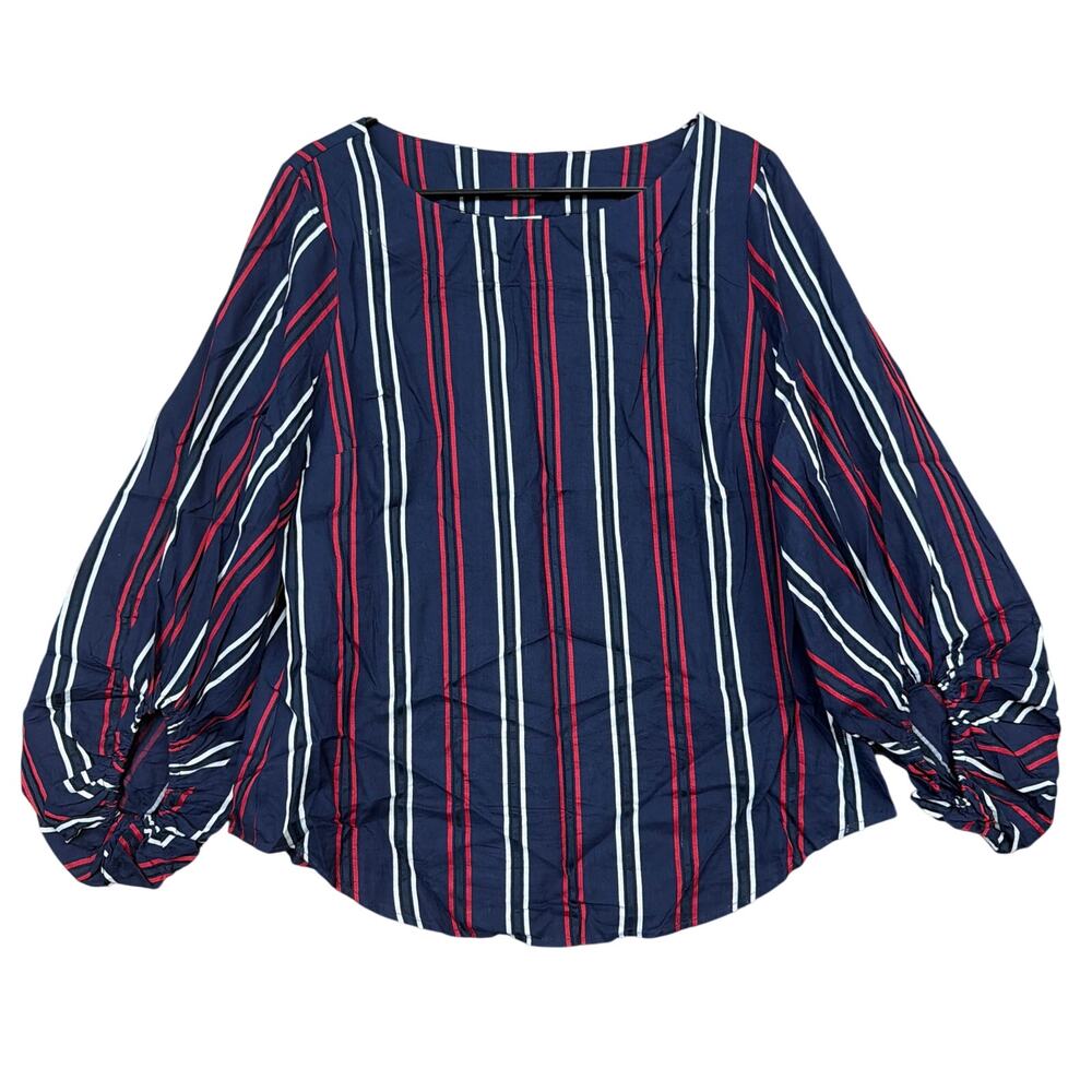 Cabi Womens Blouse Navy Blue Red Freedom Striped Balloon Sleeves 100% Cotton M